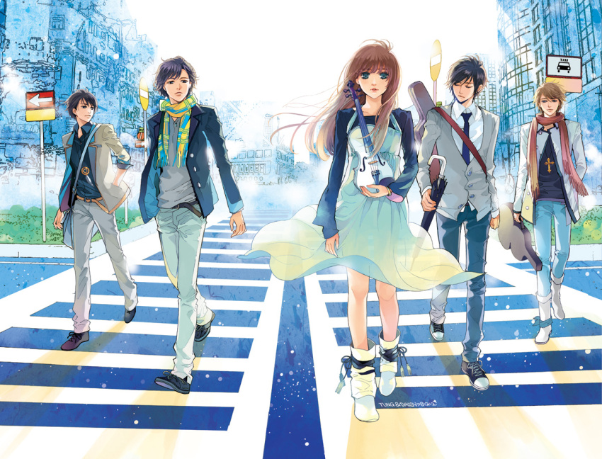 black_hair, brown_hair, crosswalk, dress, guitar_case, instrument, instrument_case, jacket