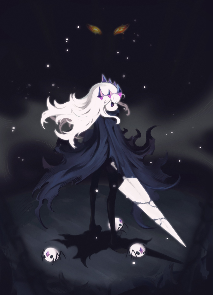 1girl, 1other, absurdres, black_skin, blank_eyes, bug, cloak, colored_skin, full_body, highres, holding, holding_weapon, hollow_eyes, hollow_knight, hololive, hololive_english, knight_(hollow_knight), koseki_bijou, mask, nail_(hollow_knight), no_humans, pebble_(koseki_bijou), standing, vessel4rt, weapon, yellow_eyes