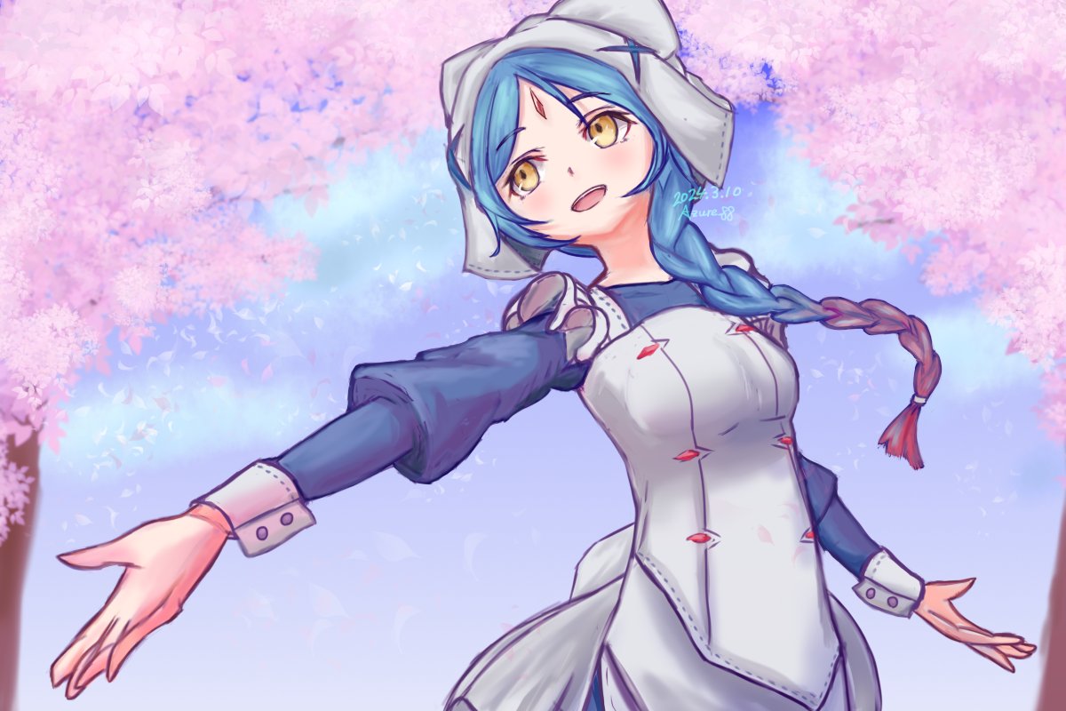 1girl, apron, azure_88, blue_hair, braid, braided_ponytail, facial_mark, fire_emblem, fire_emblem_fates, forehead_jewel, forehead_mark, lilith_(fire_emblem), pointy_ears, redhead, single_braid, white_wrist_cuffs, wrist_cuffs