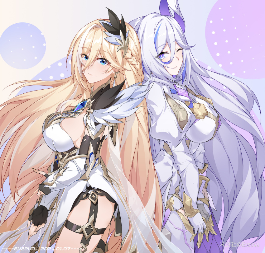 2girls, absurdres, blonde_hair, blue_eyes, braid, breasts, durandal_(honkai_impact), durandal_(palatinus_equinox)_(honkai_impact)
