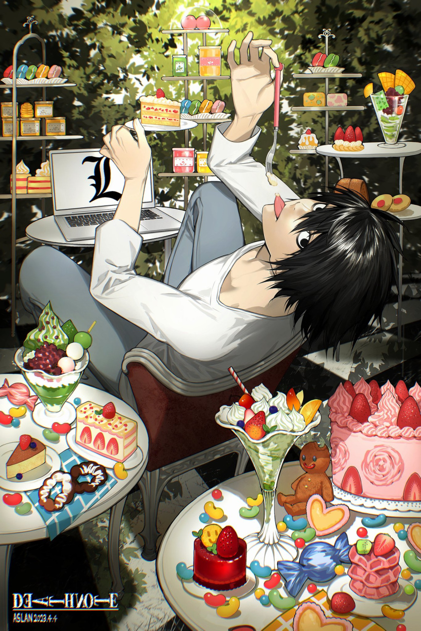 1boy, artist_name, aslanpipo, black_eyes, black_hair, blue_pants, cake, cake_slice, candy, character_name, colorful, copyright_name, dango, dated, death_note, dessert, eating, food, fork, fruit, highres, holding, holding_fork, holding_plate, ice_cream, ice_cream_cup, jam, l_(death_note), leaning_back, logo, looking_at_viewer, looking_back, macaron, male_focus, matcha_(food), notepad, on_chair, orange_(fruit), orange_slice, pants, plate, sanshoku_dango, shirt, short_hair, sitting, snack, solo, strawberry, strawberry_cake, table, tongue, tongue_out, waffle, wagashi, white_shirt