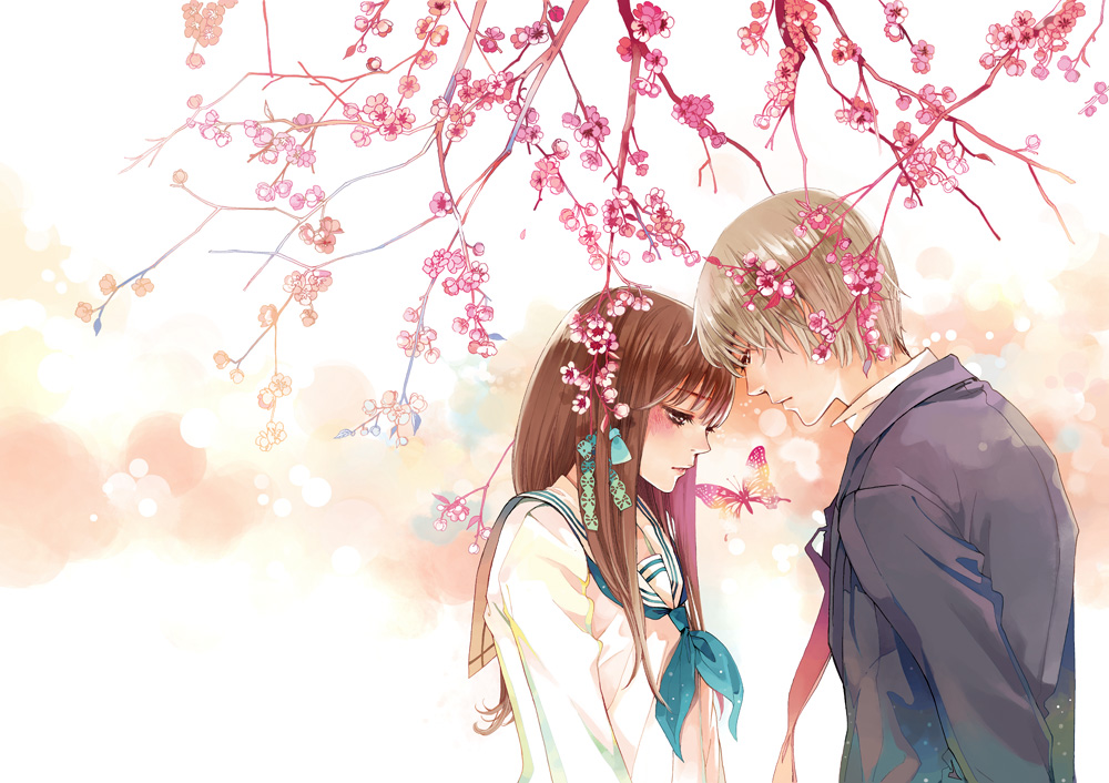blush, brown_hair, butterfly, cherry_blossoms, couple, long_hair, looking_down, school_uniform, short_hair, tung&amp;daisy