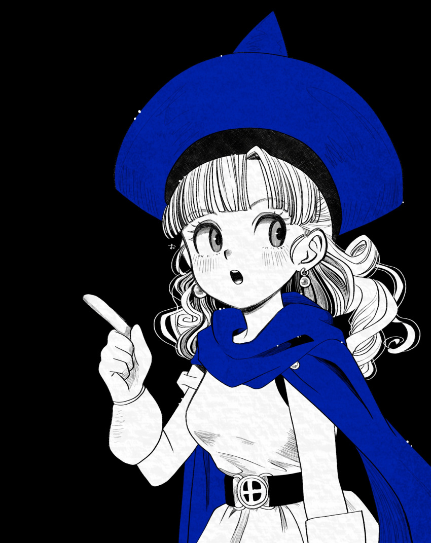 1girl, alena_(dq4), belt, blue_cape, blue_headwear, blush, cape, curly_hair