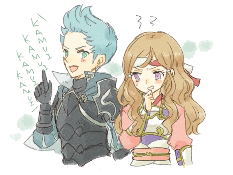 1boy, 1girl, armor, collared_cape, deqqqooon, fire_emblem, fire_emblem_fates, green_eyes, grey_hair, hana_(fire_emblem), headband, japanese_armor, quiff, samurai, shoulder_armor, silas_(fire_emblem), violet_eyes