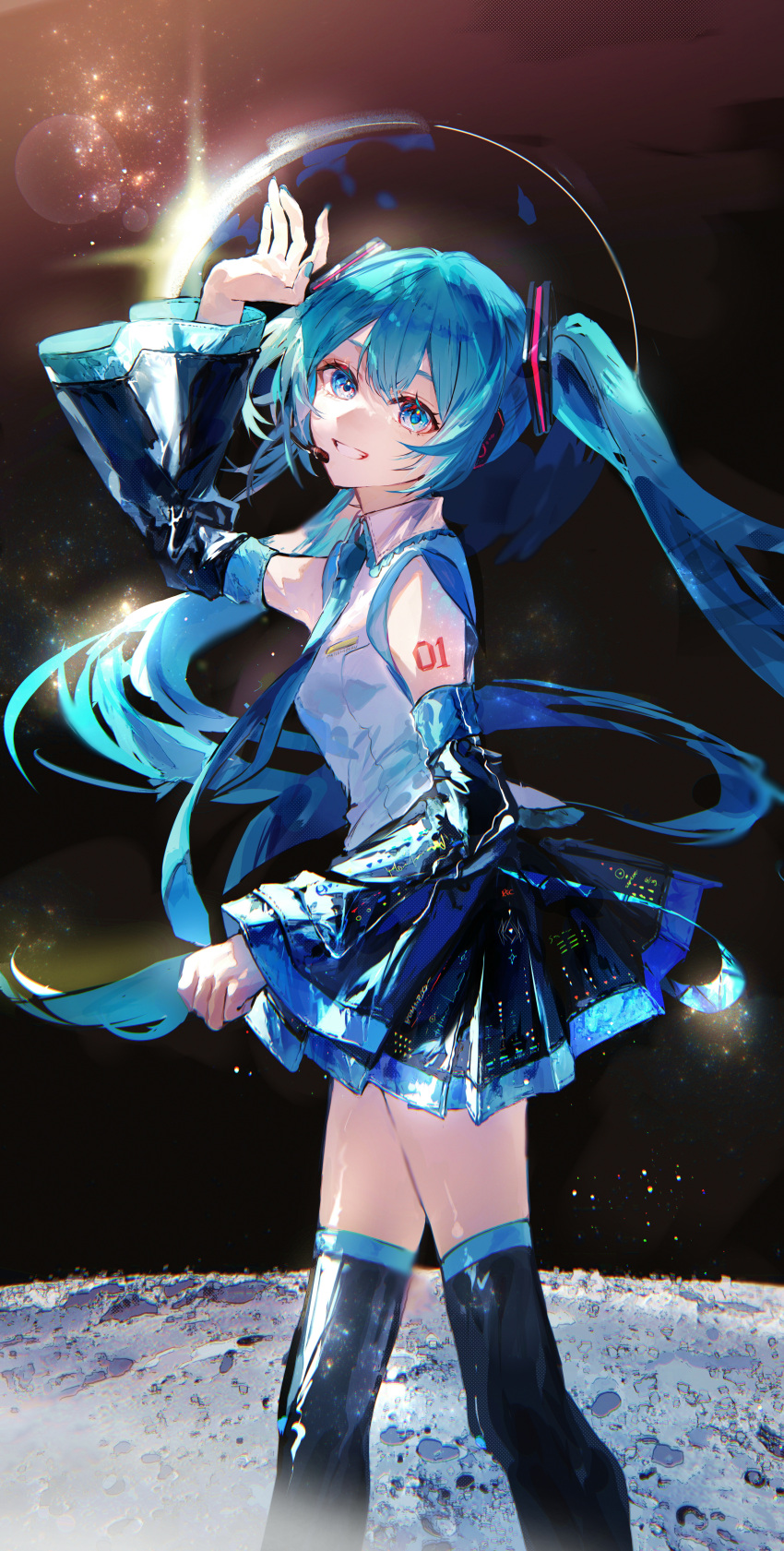 1girl, absurdres, bare_shoulders, black_skirt, black_sleeves, black_thighhighs, blue_eyes, blue_hair