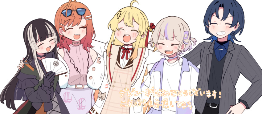 5girls, ahoge, black_gloves, black_hair, blonde_hair, blue_hair, closed_eyes, earrings