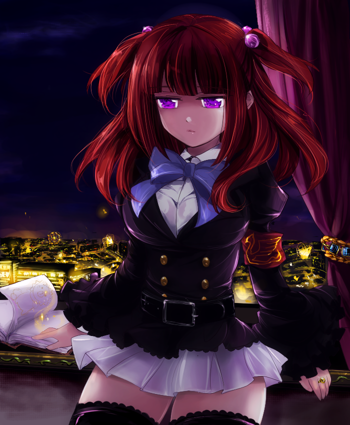 black_legwear, black_thighhighs, book, breasts, city, curtains, ferris_wheel, hair_bobbles