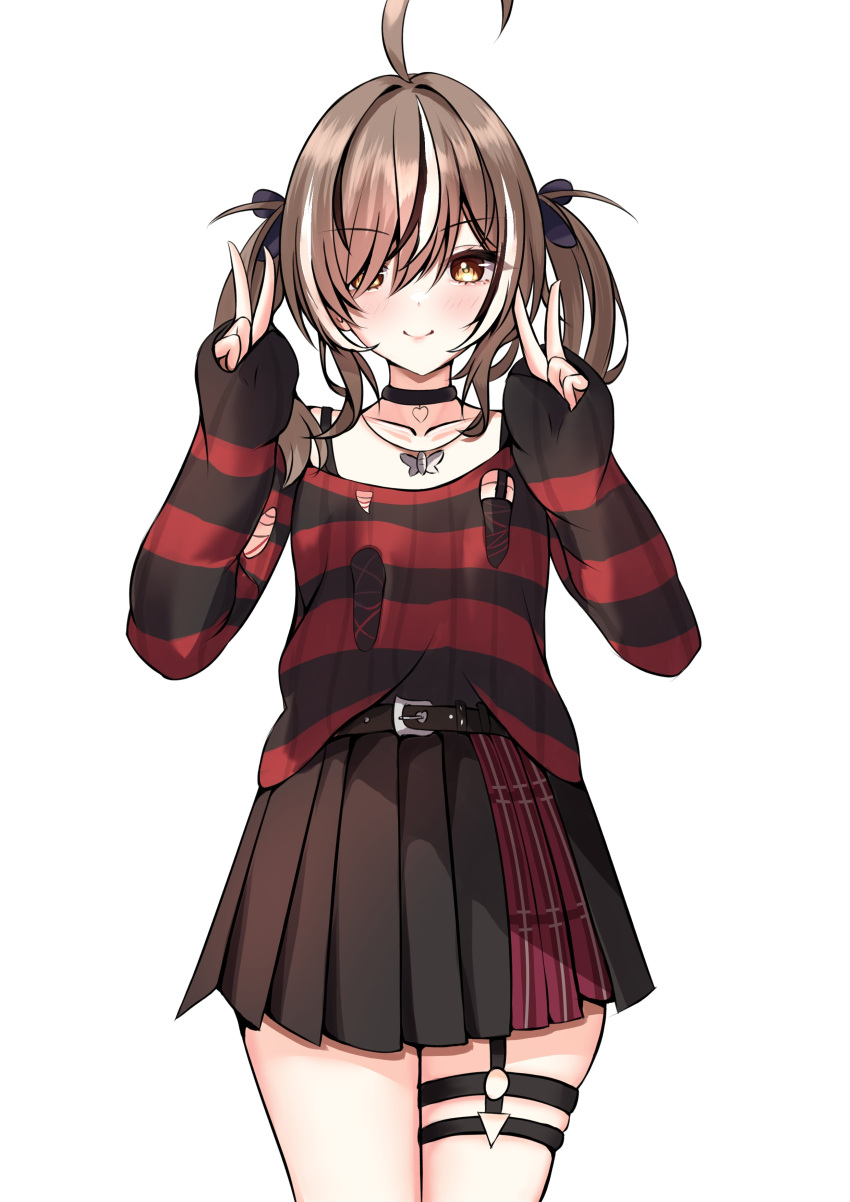1girl, absurdres, ahoge, belt, black_choker, black_skirt, black_sweater, brown_eyes