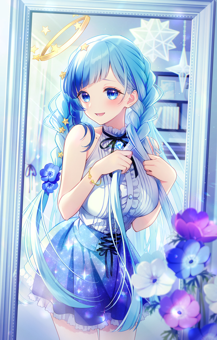 1girl, :d, bare_arms, bare_shoulders, black_ribbon, blue_eyes, blue_flower, blue_hair