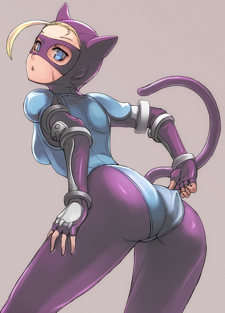 adjusting_leotard, ahoge, alternate_costume, animal_ears, ass, bent_over, blonde_hair, blue_eyes