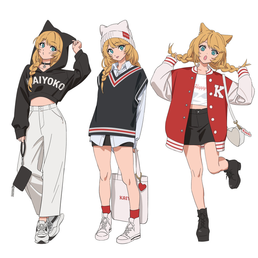 1girl, :o, :p, animal_ear_headwear, animal_ears, bag, bare_legs, beanie