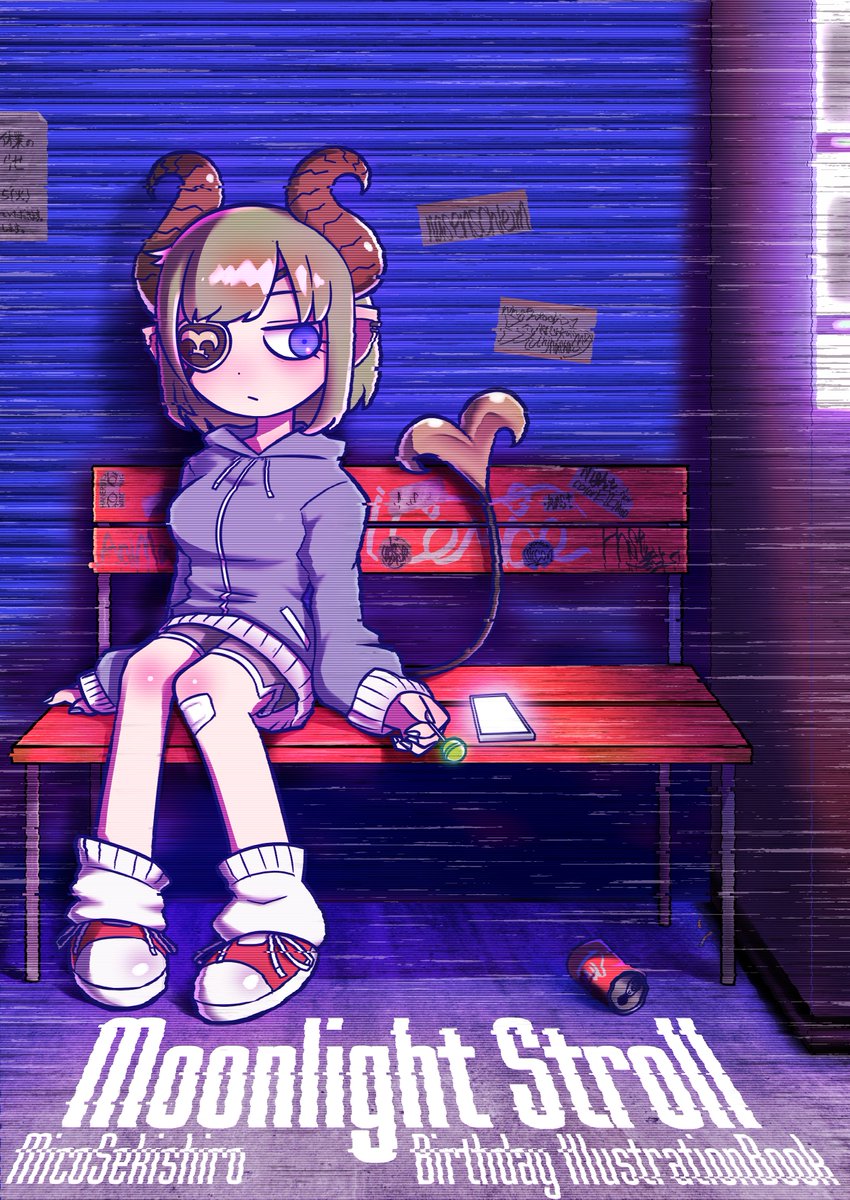 1girl, bandaid, bandaid_on_knee, bandaid_on_leg, bench, blue_eyes, breasts, brown_horns, can, candy, chupa_chups, closed_mouth, commentary_request, curled_horns, demon_girl, demon_horns, demon_tail, eyepatch, food, full_body, graffiti, grey_hoodie, highres, holding, holding_candy, holding_food, holding_lollipop, hood, hoodie, horns, lollipop, looking_to_the_side, loose_socks, medium_bangs, medium_breasts, nanashi_inc., phone, pointy_ears, red_footwear, same_(samerasiki), sekishiro_mico, shoes, short_hair, sitting, sneakers, socks, solo, static, tail, virtual_youtuber, white_socks