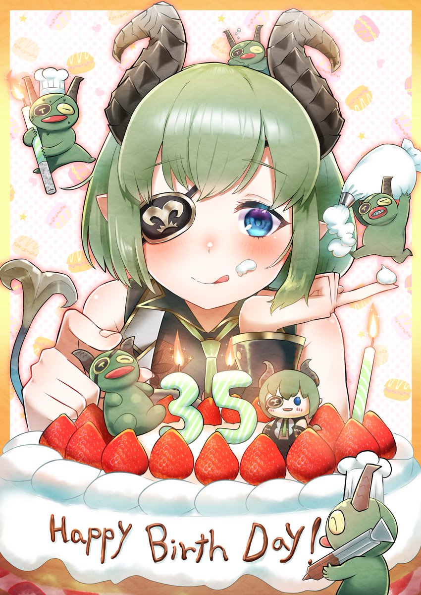 1girl, :q, black_shirt, blue_eyes, blush, border, cake, candle