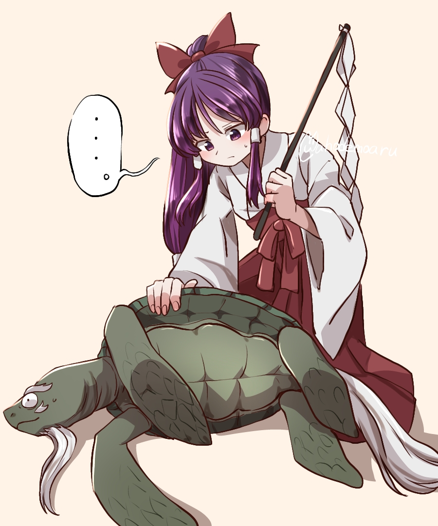 ..., 1girl, ahodemoaru, artist_name, genjii_(touhou), gohei, hakama, hakurei_reimu