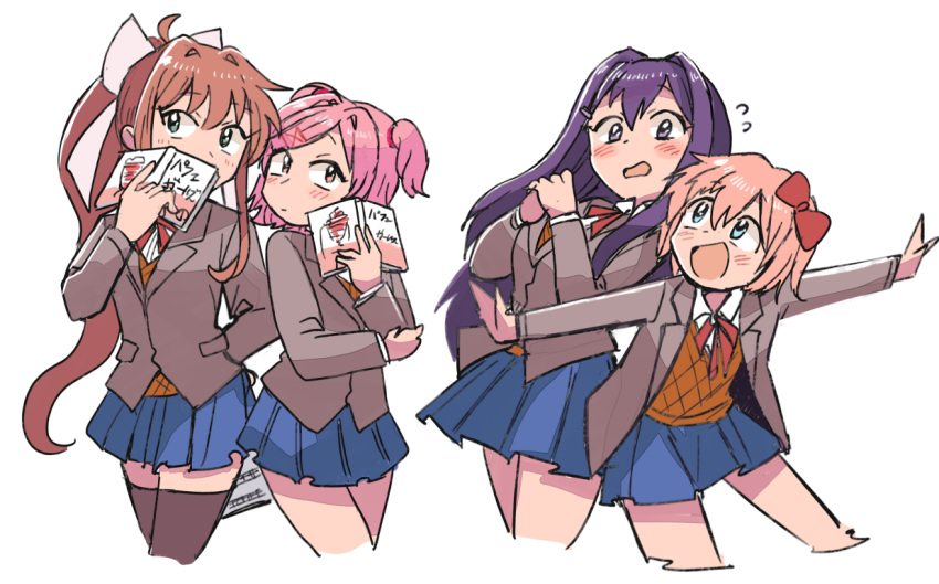 4girls, blue_eyes, book, bow, brown_hair, brown_leggings, covered_mouth, covering_own_mouth