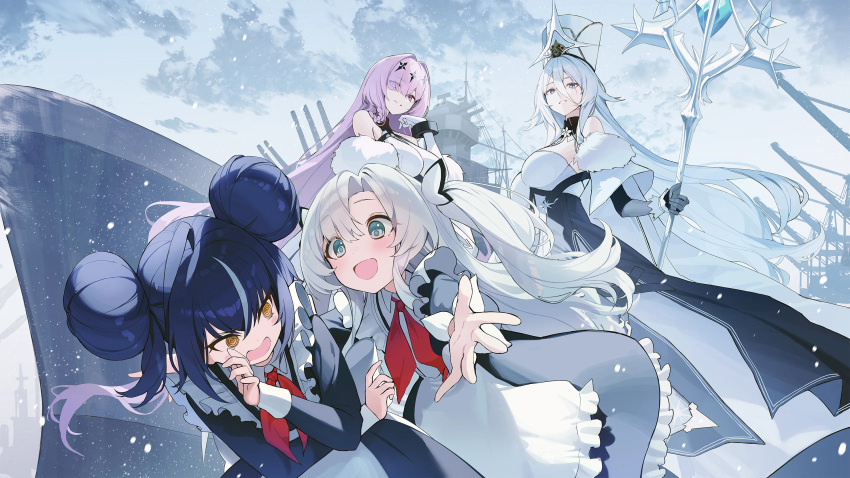 4girls, @_@, azur_lane, blue_hair, coat, double_bun, dress, frilled_dress
