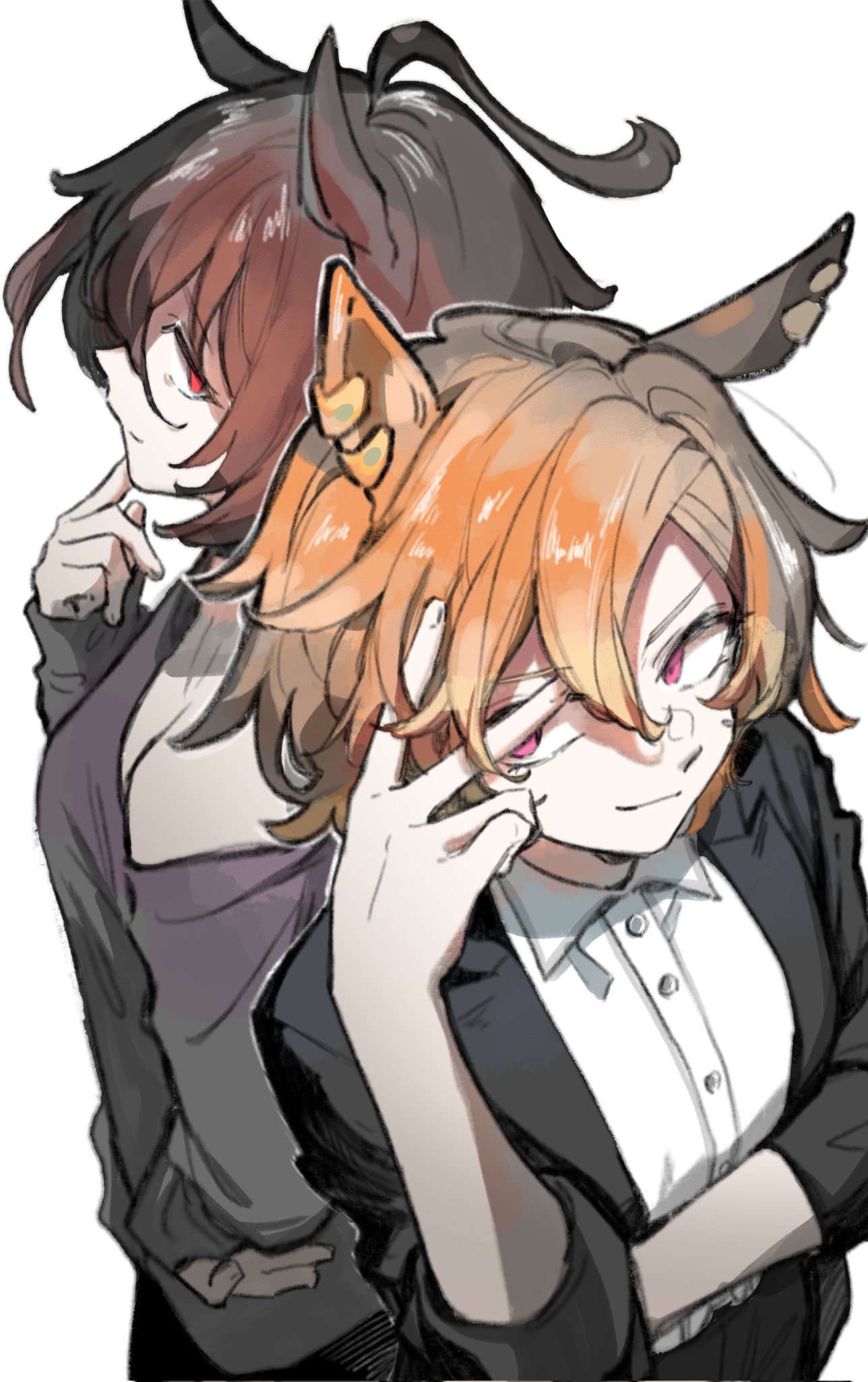 2girls, agnes_tachyon_(umamusume), ahoge, animal_ears, arm_under_breasts, back-to-back, black_jacket, breasts, brown_hair, closed_mouth, collared_shirt, duyu_(guliguli_056), elbow_rest, finger_to_own_chin, hand_on_own_face, hand_on_own_hip, highres, horse_ears, jacket, long_sleeves, looking_at_viewer, multiple_girls, off_shoulder, open_clothes, open_jacket, orange_hair, purple_shirt, red_eyes, shirt, short_hair, simple_background, small_breasts, smile, t.m._opera_o_(umamusume), umamusume, upper_body, white_background, white_shirt