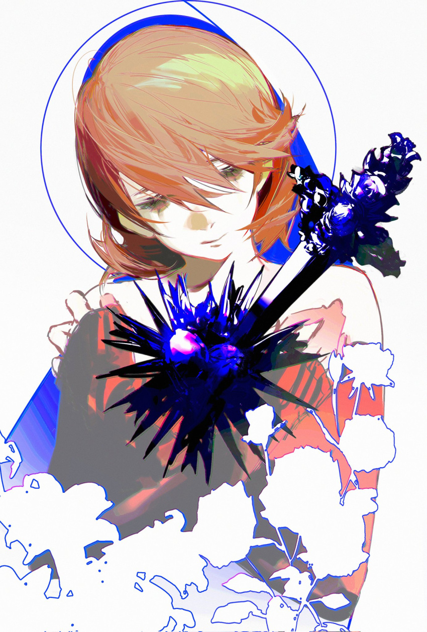 1girl, bare_shoulders, brown_eyes, brown_hair, cardigan, closed_mouth, flower, hair_between_eyes, hands_up, highres, long_sleeves, looking_down, miyu_(shiyemiyu), persona, persona_3, persona_3_reload, pink_cardigan, short_hair, solo, swept_bangs, takeba_yukari, upper_body