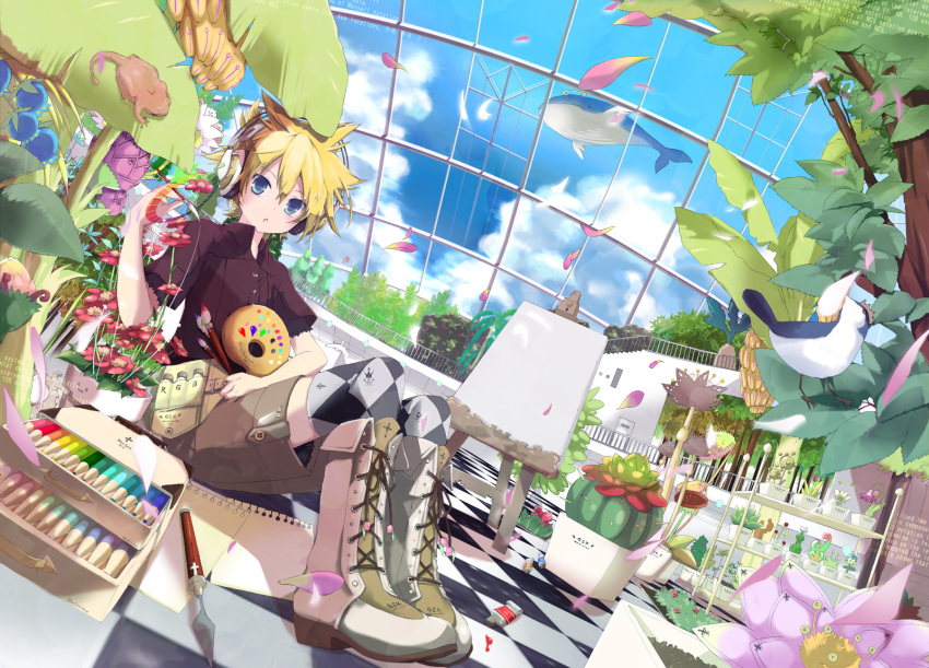 argyle, argyle_legwear, art_brush, bird, blonde_hair, blue_eyes, boots, cactus