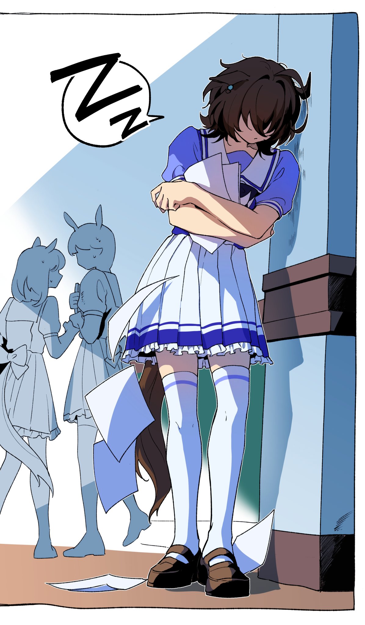 3girls, agnes_tachyon_(umamusume), ahoge, animal_ears, brown_footwear, brown_hair, duyu_(guliguli_056), hair_over_one_eye