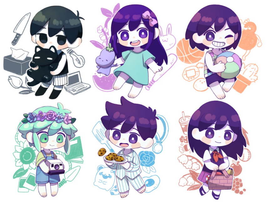 2girls, 4boys, animal, antenna_hair, apple, aqua_dress, aqua_pajamas, aubrey_(headspace)_(omori)