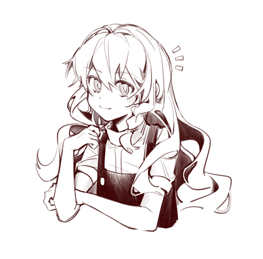 1girl, brown_theme, closed_mouth, cropped_torso, hair_between_eyes, hand_on_own_arm, hand_up, hatching_(texture), highres, kirisame_marisa, light_smile, linear_hatching, long_hair, looking_at_viewer, monochrome, notice_lines, shirt, short_sleeves, simple_background, solo, touhou, vest, white_background, ya17033999