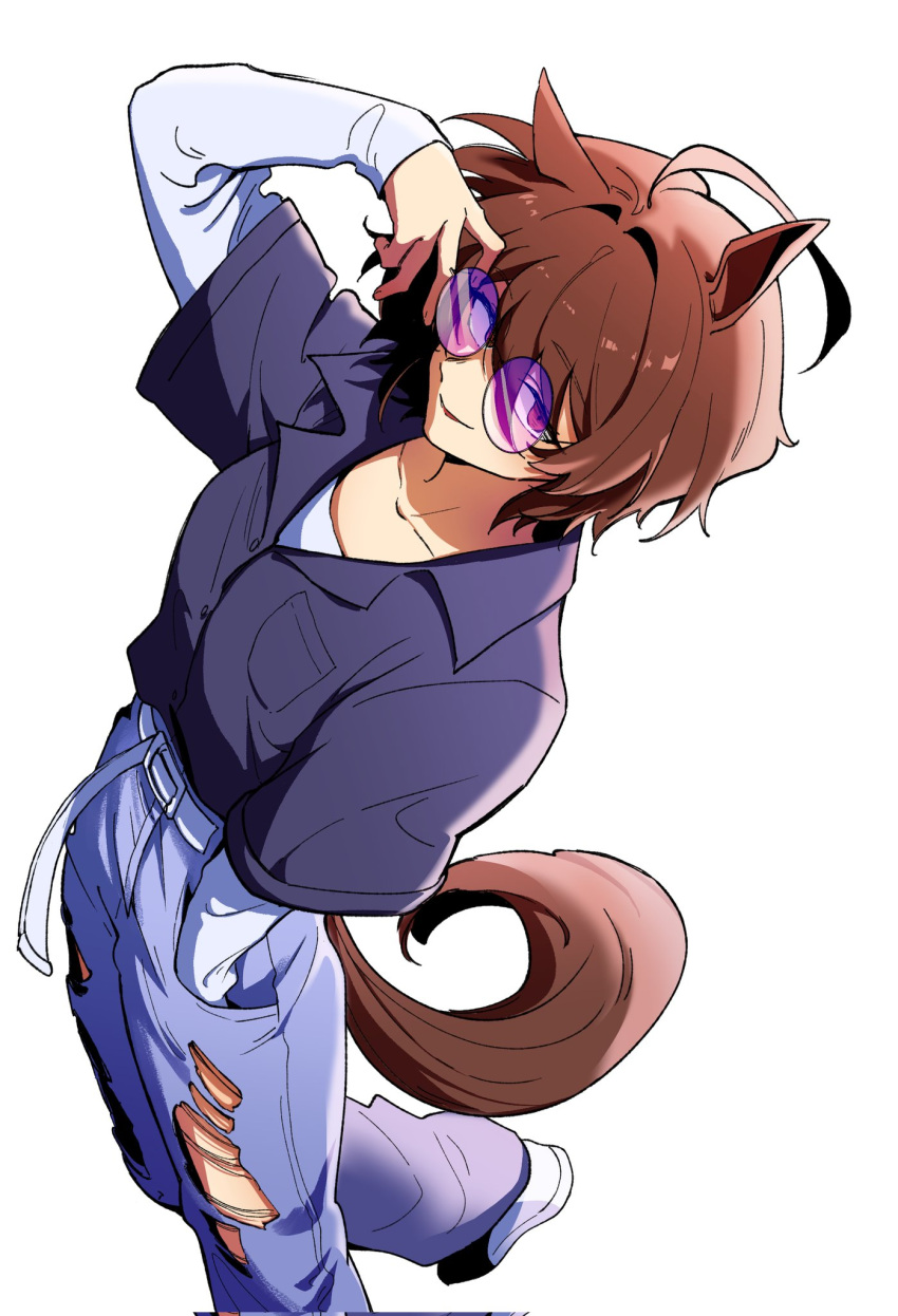 1girl, agnes_tachyon_(umamusume), ahoge, animal_ears, arm_up, belt, blue_pants, breast_pocket