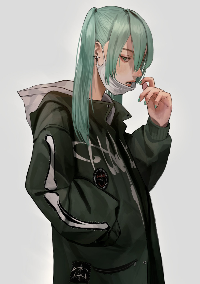 1girl, aqua_eyes, aqua_hair, earrings, green_jacket, hatsune_miku, highres, hood, hooded_jacket, jacket, jewelry, long_hair, looking_at_viewer, mask, miku_day, mouth_mask, natsu_kumo719, simple_background, solo, tagme, twintails, very_long_hair, vocaloid, white_background