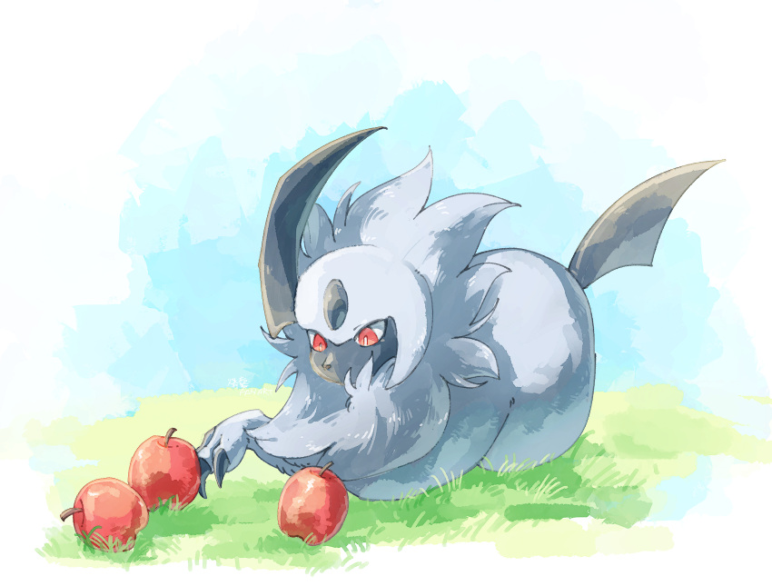 absol, animal_focus, apple, blue_sky, bright_pupils, claws, commentary_request, food