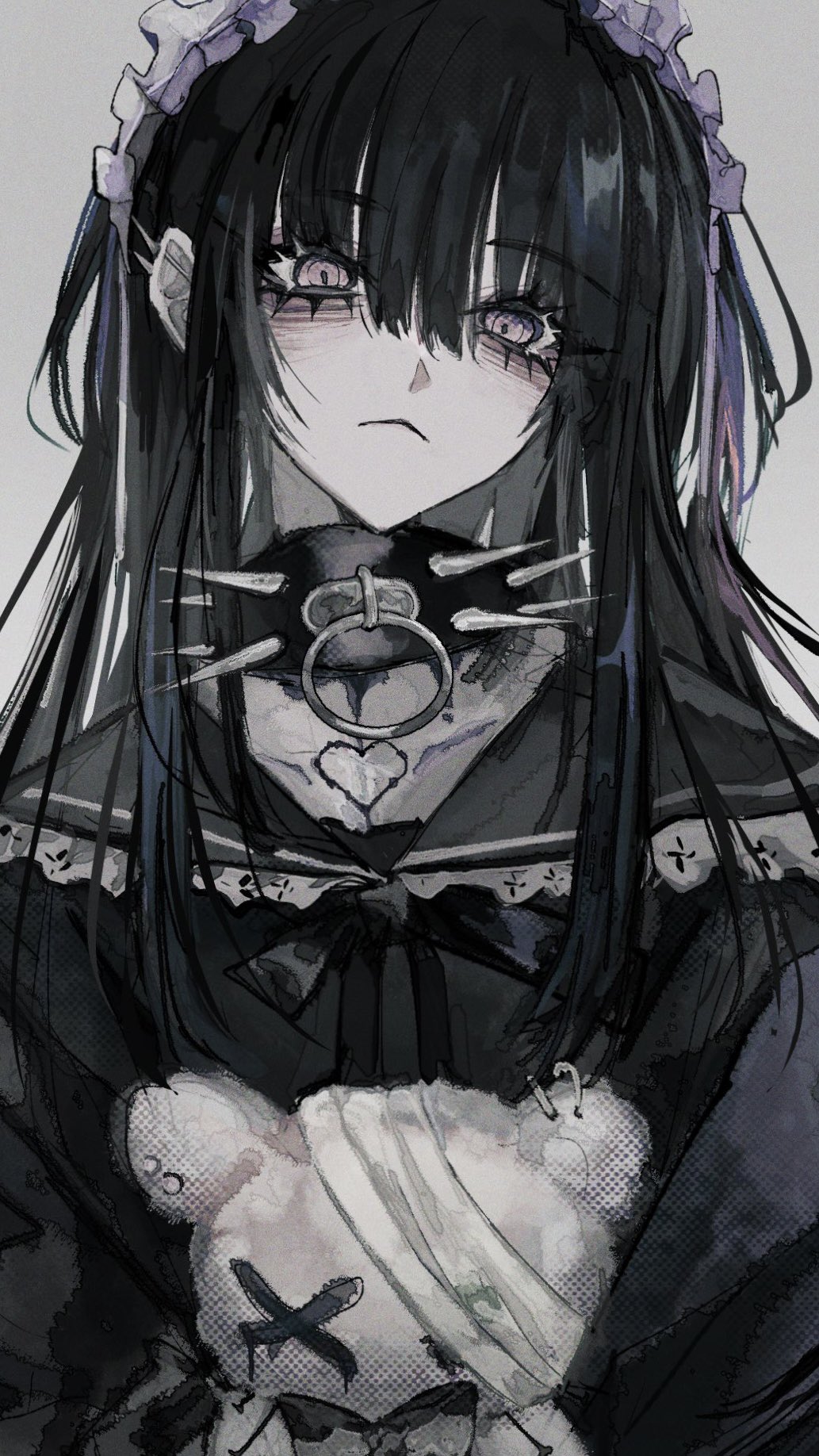 1girl, black_hair, collar, ear_piercing, frown, heart, highres, long_hair, looking_at_viewer, original, piercing, pink_eyes, satoinu111, stuffed_animal, stuffed_toy, teddy_bear