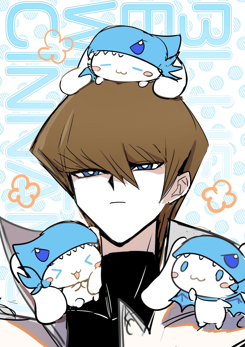 1boy, :|, black_shirt, blue-eyes_white_dragon, blue-eyes_white_dragon_(cosplay), blue_eyes, bright_pupils, brown_hair, cinnamoroll, closed_mouth, commentary_request, cosplay, crossover, expressionless, high_collar, highres, jacket, kaiba_seto, looking_at_viewer, moemoenomori, open_clothes, open_jacket, portrait, sanrio, shirt, white_jacket, white_pupils, yu-gi-oh!