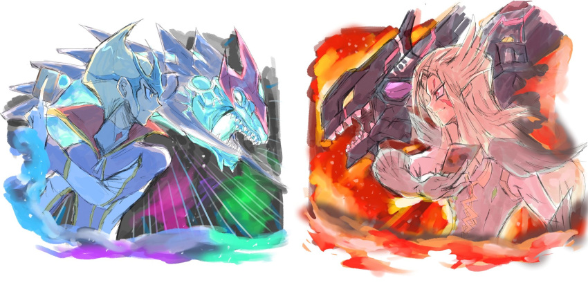 2boys, blonde_hair, brown_eyes, card, dragon, facial_mark, fire, from_side