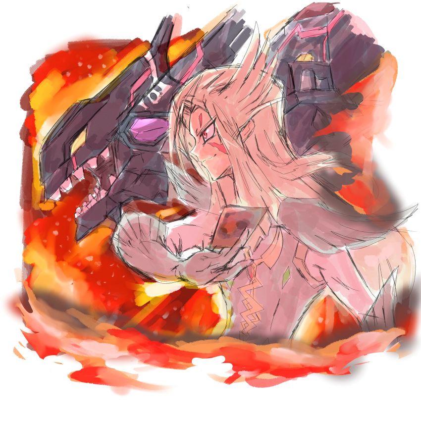 1boy, absurdres, blonde_hair, brown_eyes, dragon, facial_mark, fire, gloves, highres, long_hair, mizael_(yu-gi-oh!), number_107_galaxy-eyes_tachyon_dragon, sharp_teeth, teeth, upper_body, vincent_graphic_art, white_background, white_gloves, yu-gi-oh!, yu-gi-oh!_zexal