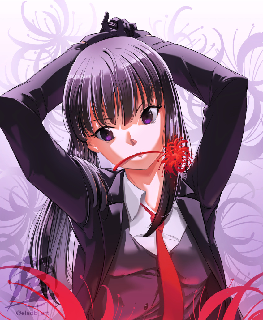 1girl, arms_behind_head, arms_up, artist_logo, black_gloves, black_hair, black_jacket, black_suit