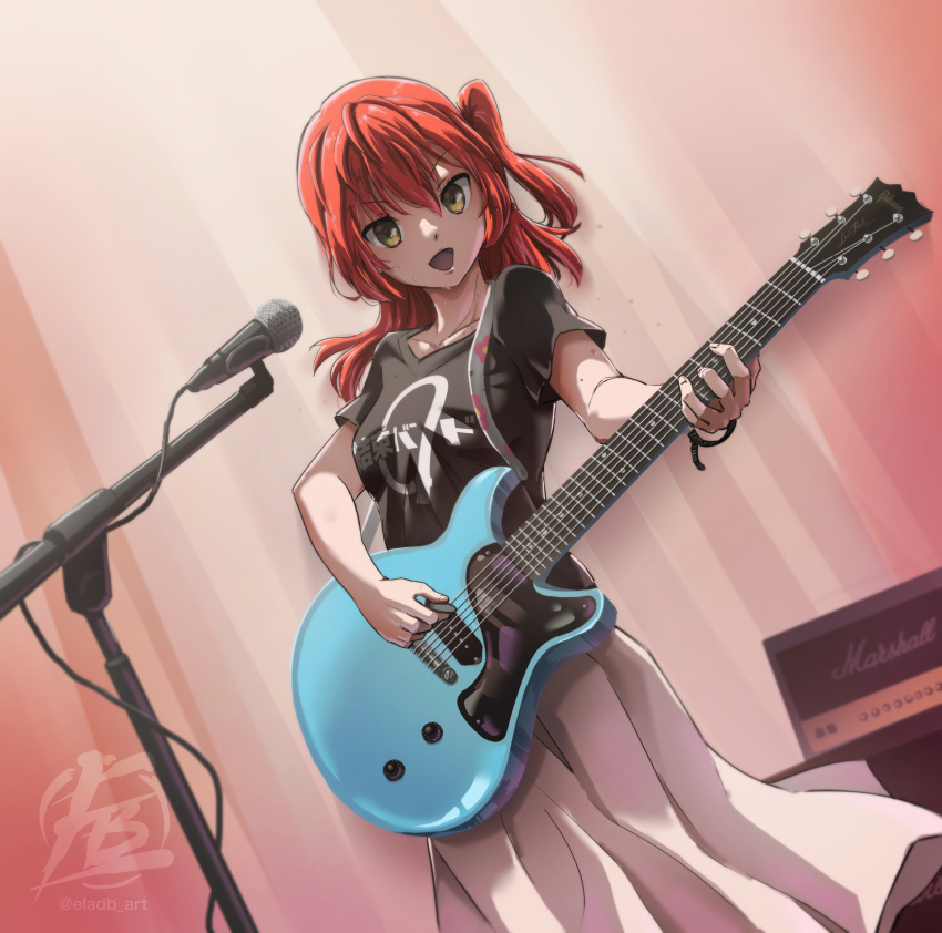 1girl, :d, amplifier, artist_logo, black_shirt, bocchi_the_rock!, cable_tie, eladb_art