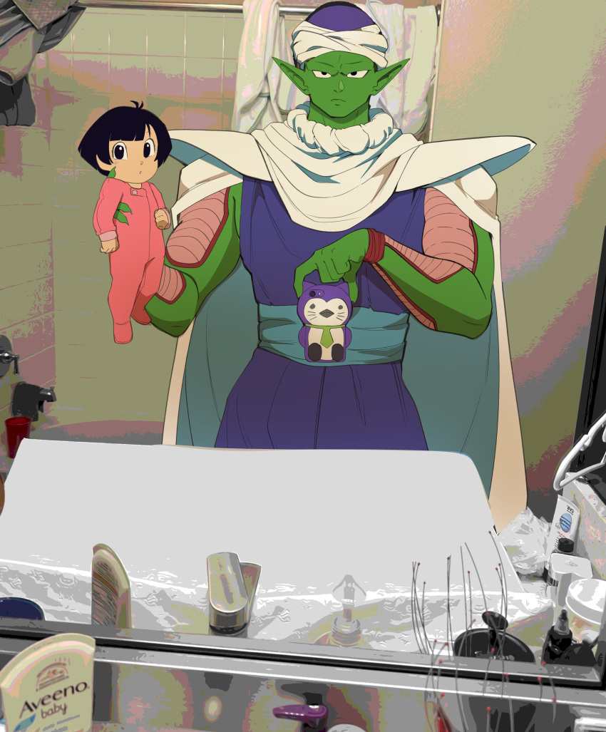 1boy, 1girl, absurdres, armor, baggy_pants, bathroom, bathtub, black_eyes, black_hair, blue_sash, bodysuit, cape, cellphone, colored_skin, commentary, dragon_ball, dragon_ball_z, english_commentary, faucet, frown, green_skin, hand_up, highres, holding, holding_phone, how_to_hold_my_baby_redraw_(meme), indoors, looking_at_viewer, meme, namekian, nubi_mei, pan_(dragon_ball), pants, phone, photo-referenced, photo_background, piccolo, pink_bodysuit, pointy_ears, purple_pants, sash, selfie, short_hair, shoulder_armor, smartphone, soap_bottle, squeeze_bottle, white_cape