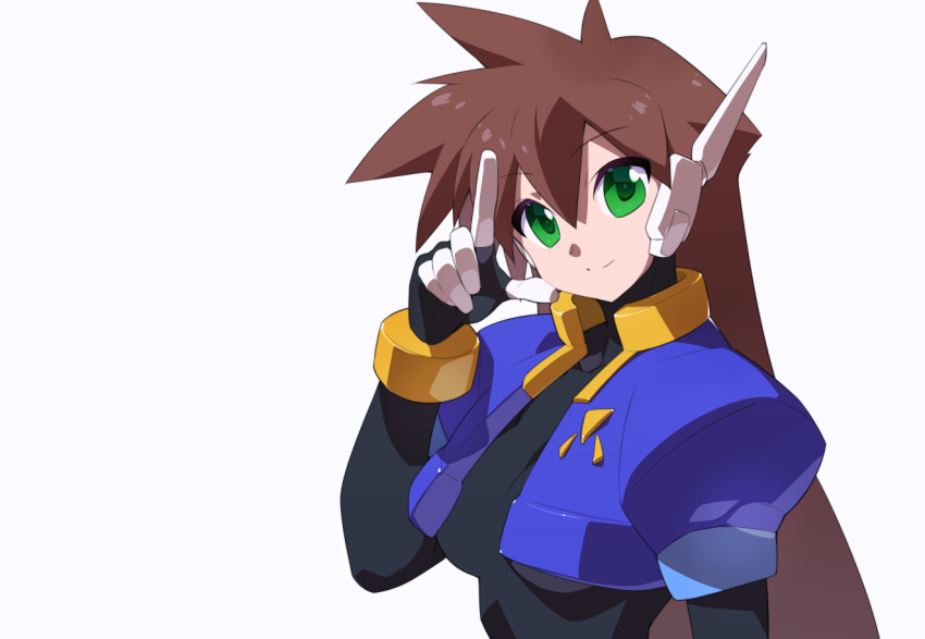 1girl, aile_(mega_man_zx), alternate_hairstyle, black_bodysuit, bodysuit, bodysuit_under_clothes, brown_hair, commentary_request