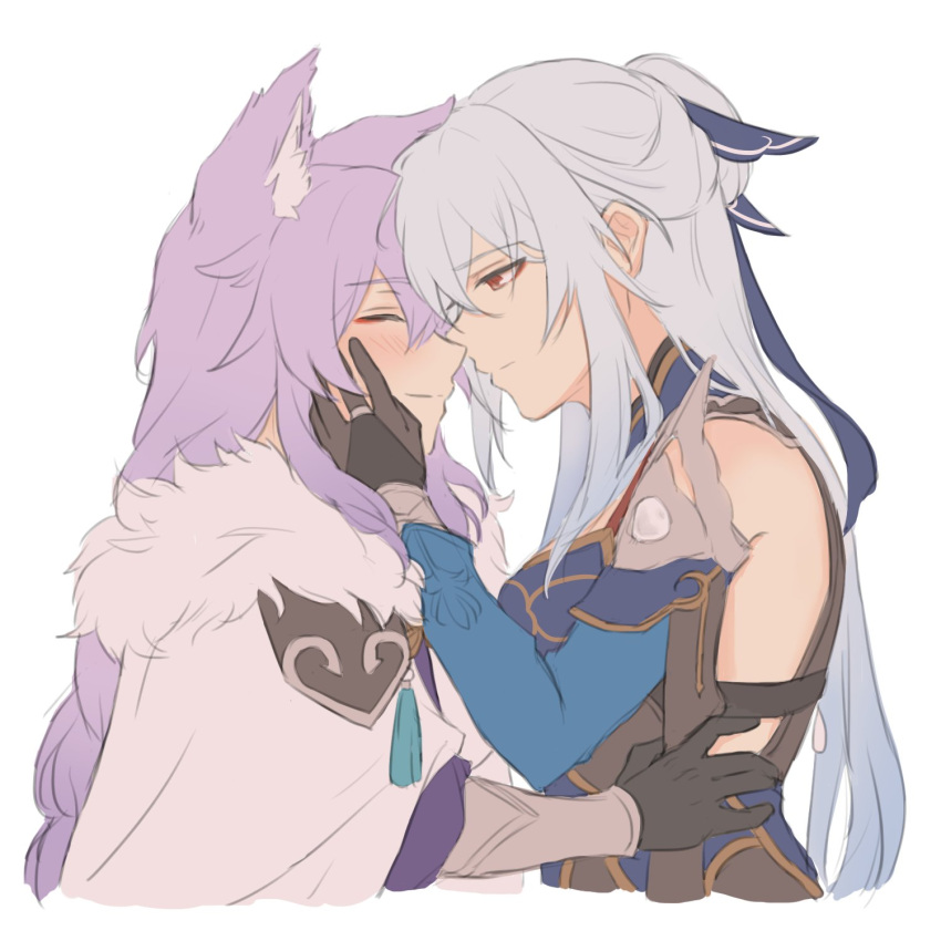 2girls, animal_ear_fluff, animal_ears, baiheng_(honkai:_star_rail), black_gloves, closed_eyes, closed_mouth, from_side
