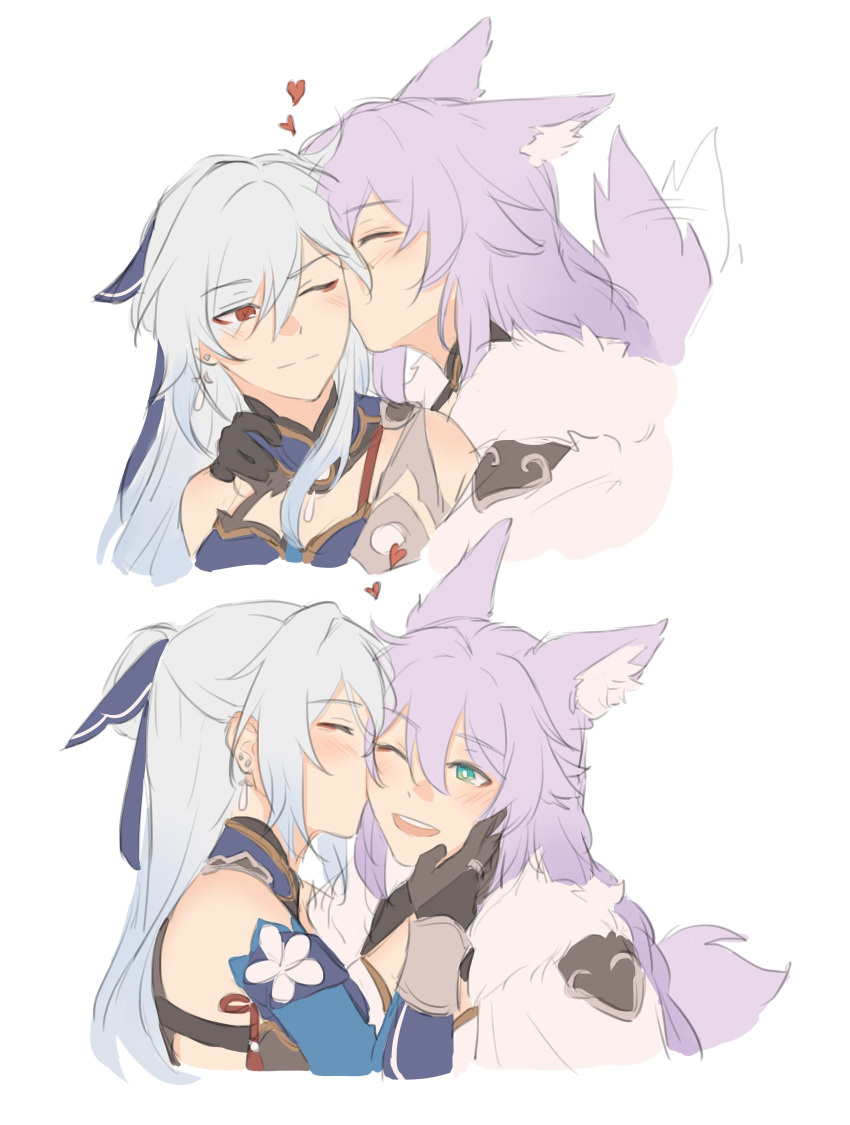 2girls, :d, animal_ear_fluff, animal_ears, baiheng_(honkai:_star_rail), black_gloves, earrings, eyes_visible_through_hair