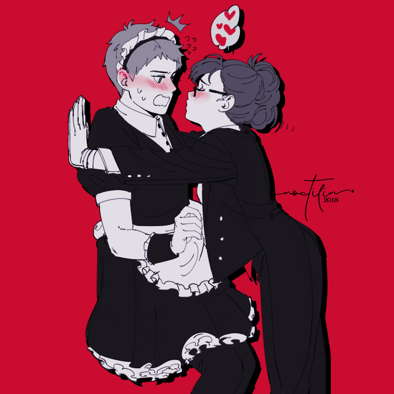 1boy, 1girl, alternate_costume, apron, blush, butler, closed_mouth, crossdressing
