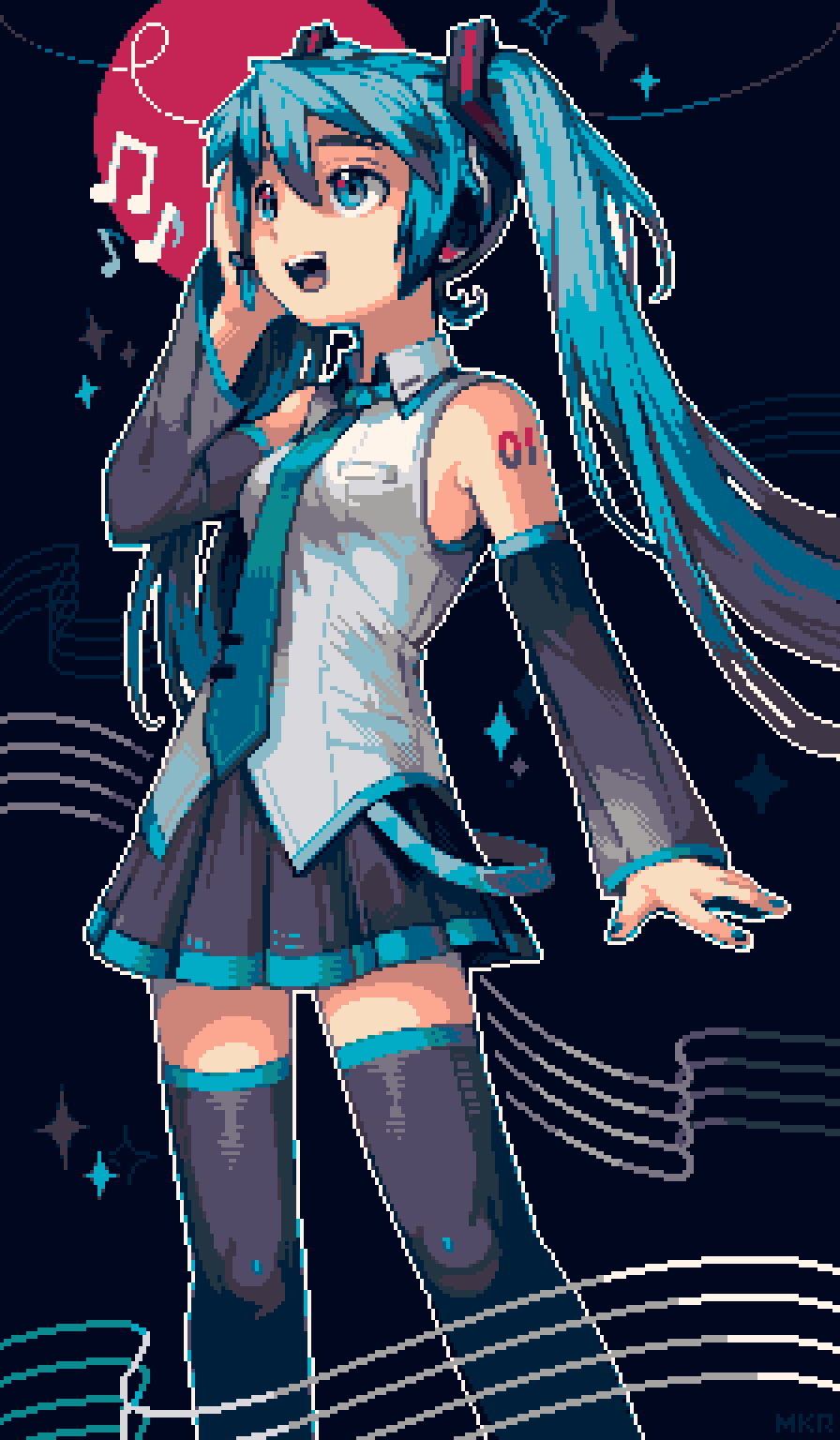 1girl, :d, bare_shoulders, beamed_eighth_notes, belt, black_skirt, black_sleeves, black_thighhighs, blue_eyes, blue_hair, blue_necktie, collared_shirt, detached_sleeves, eighth_note, feet_out_of_frame, hair_between_eyes, hand_on_own_head, hatsune_miku, highres, long_hair, long_sleeves, looking_ahead, loose_belt, makorie, miniskirt, music, musical_note, necktie, number_tattoo, open_mouth, pleated_skirt, shirt, sidelocks, singing, skirt, sleeveless, sleeveless_shirt, smile, solo, staff_(music), tattoo, teeth, thigh-highs, tie_clip, twintails, upper_teeth_only, very_long_hair, vocaloid, white_shirt, zettai_ryouiki