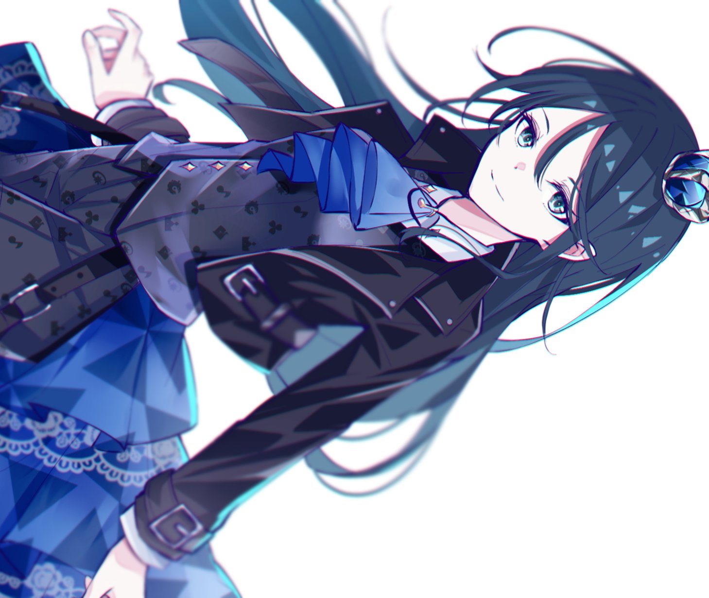 1girl, ascot, black_hair, black_jacket, blue_ascot, blue_eyes, blue_hair, blue_skirt, closed_mouth, collared_shirt, cowboy_shot, cropped_jacket, crown, dot_nose, floating_hair, gradient_hair, grey_vest, hair_between_eyes, highres, hoshino_ichika_(project_sekai), jacket, long_hair, long_sleeves, looking_at_viewer, mini_crown, multicolored_hair, open_clothes, open_jacket, pleated_skirt, project_sekai, ritzchrono, shirt, sidelocks, sideways, simple_background, skirt, smile, solo, vest, white_background, white_shirt