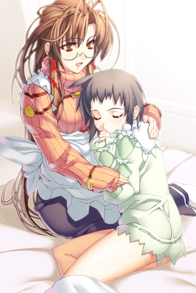 absurdres, antenna_hair, apron, black_hair, closed_eyes, glasses, hair_ribbon, hanawa_momiji, highres, hug, jingai_makyou, kumon_megumi, long_hair, multiple_girls, ni&theta;, ni_theta, ribbon, short_hair, skirt, sleeping, smile, striped, sweater, thumb_sucking, turtleneck
