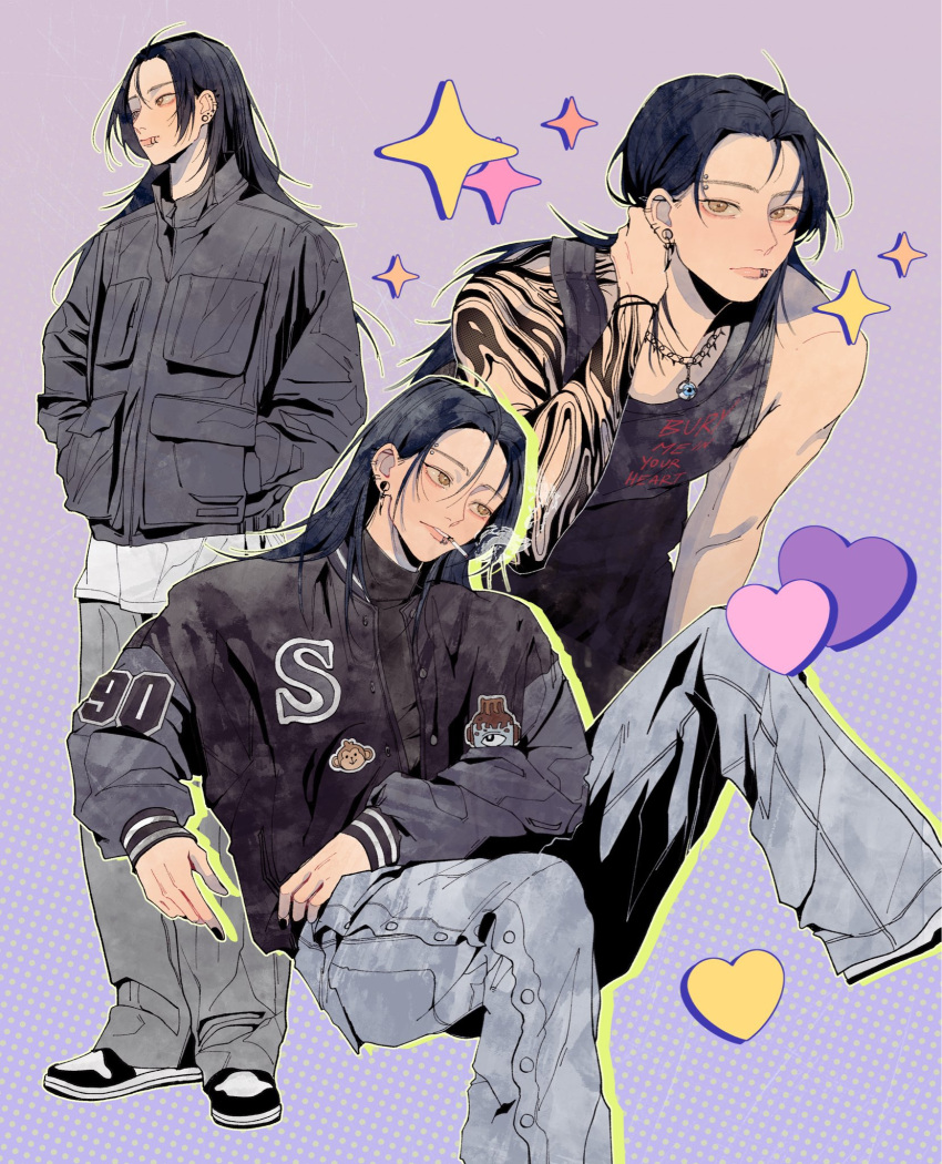 1boy, alternate_costume, arm_tattoo, bare_arms, black_hair, black_jacket, black_nails, black_shirt