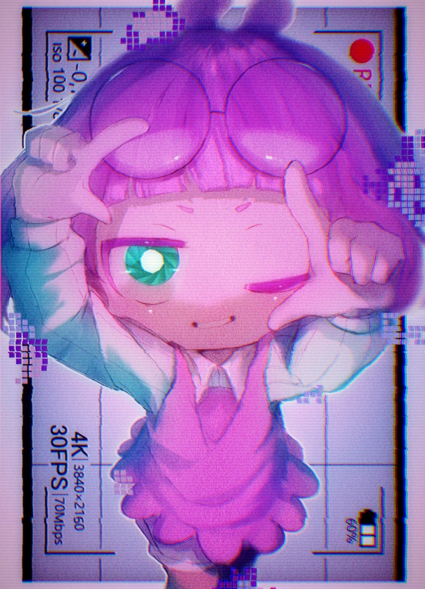 1girl, bright_pupils, collared_shirt, commentary_request, cowboy_shot, eyewear_on_head, glasses, green_eyes