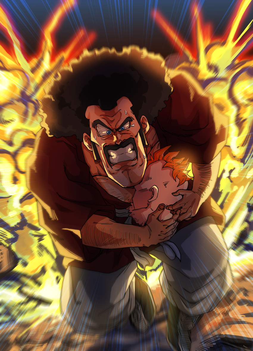 2boys, absurdres, afro, android_16, arm_hair, black_hair, blue_eyes, cleft_chin