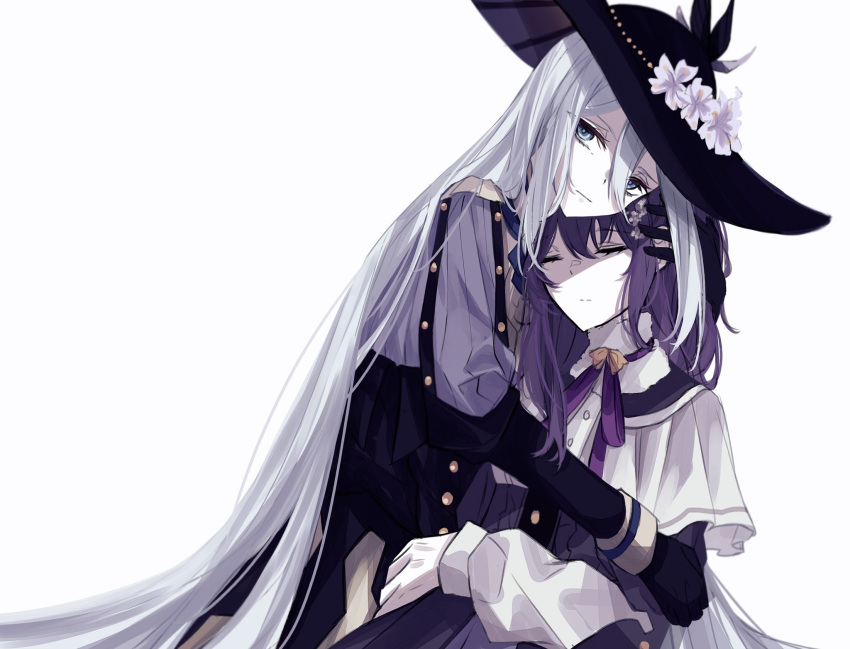 2girls, :|, asahina_mafuyu, black_gloves, black_headwear, blue_eyes, capelet, closed_eyes