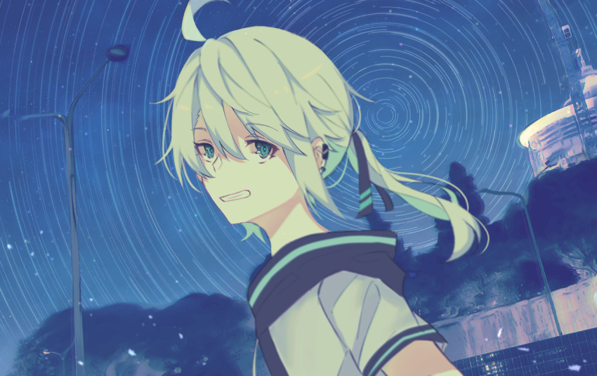 1girl, :d, ahoge, black_ribbon, black_sailor_collar, blue_eyes, blue_hair, from_side