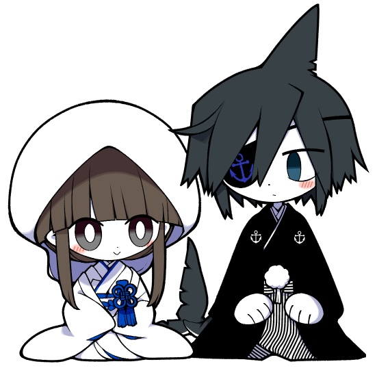 1boy, 1girl, :>, anchor_symbol, black_kimono, black_outline, blue_eyes, blunt_bangs