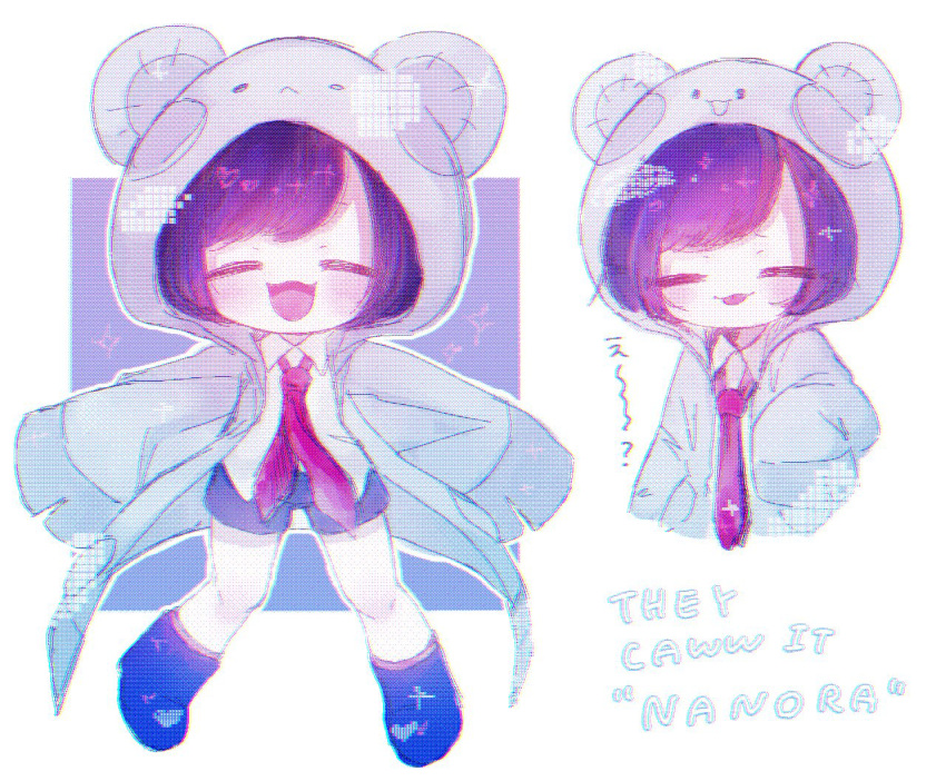 1boy, animal_ear_hood, blue_coat, blue_footwear, blue_hair, blue_shorts, chromatic_aberration, closed_eyes